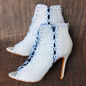 Sky Blue Denim Lace Up Booties - Size 8.